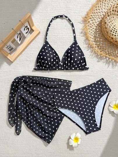 SHEIN 少女夏季沙滩波点印花挂脖比基尼套装
