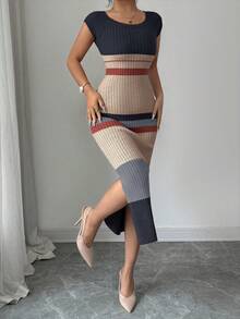 Elenzga Vestido de punto elegante de manga corta con cuello en U, ajustado, de largo medio con abertura en el bajo, diseño de rayas, estilo versátil de señora, nuevo para primavera/verano - Multicolor - Ver 3