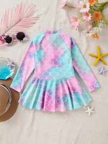 SHEIN 女童渐变鱼鳞印花拉链连体泳衣 - 淺粉色 - 查看 2