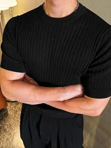 DAZY 男士纯黑色圆领短袖针织上衣 - 黑色 - 查看 5