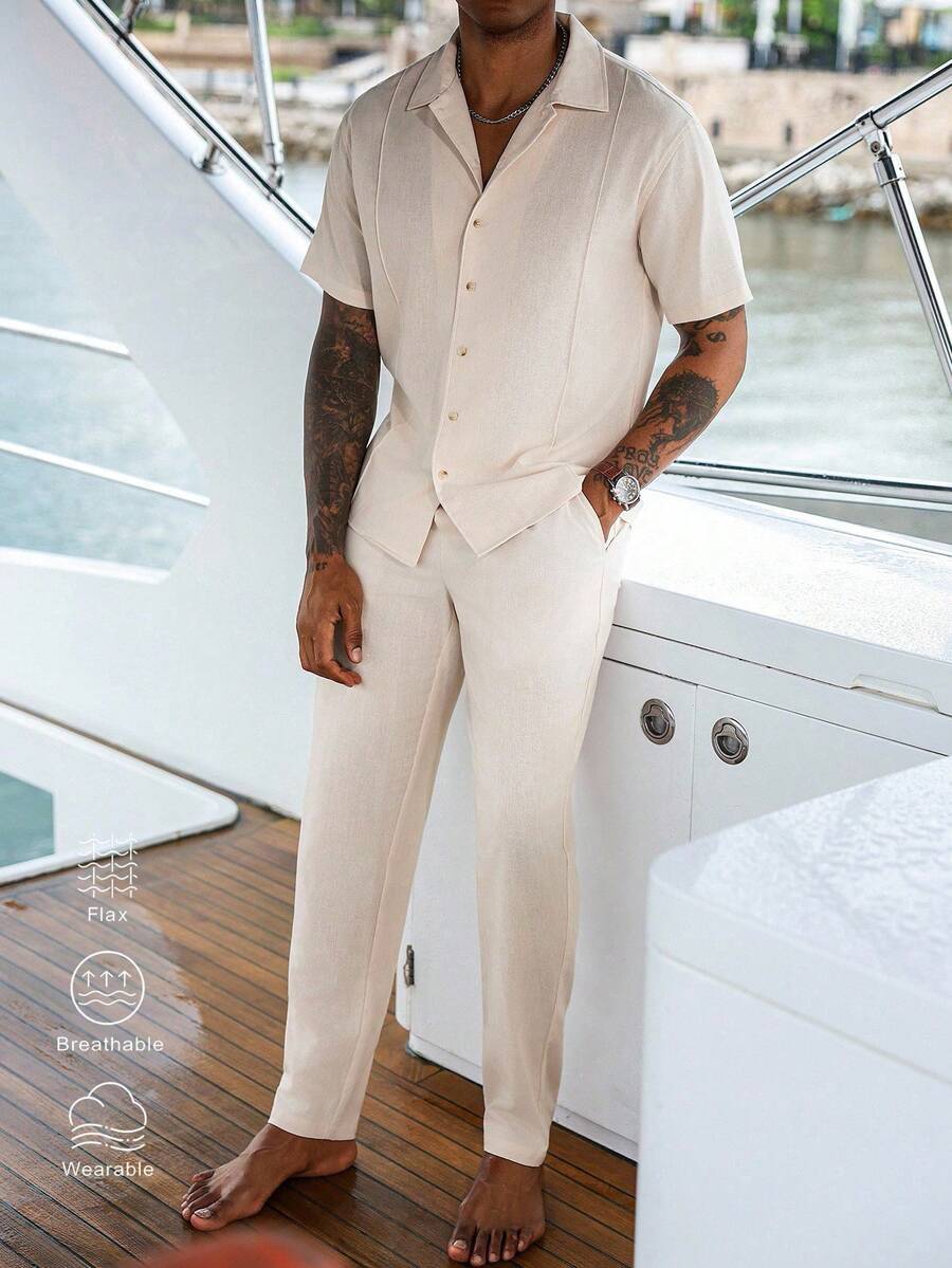 VENTUSAIL Conjunto de lino color albaricoque para hombres con mangas cortas regulares y detalles de bolsillo, conjunto de dos piezas de lino color crema para crucero de verano, Old Money - Albaricoque - Ver 1