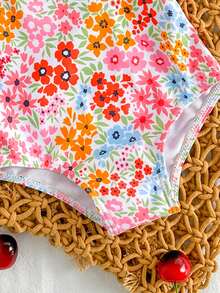 SHEIN Vintaside Kids 新生儿碎花连体泳衣，荷叶边装饰，针织面料，休闲版型，适合游泳、度假、夏季穿着，时尚优雅 - 彩色 - 查看 5