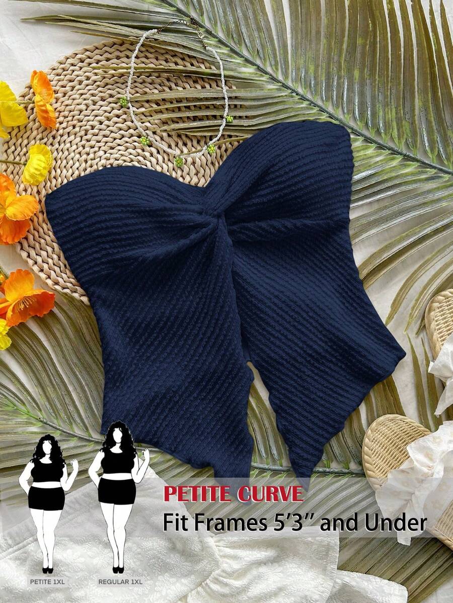 SHEIN PETITE CURVE 大码女式藏蓝色纹理针织扭结前片不对称下摆吊带背心,适合度假穿着 - 藏蓝色 - 查看 1