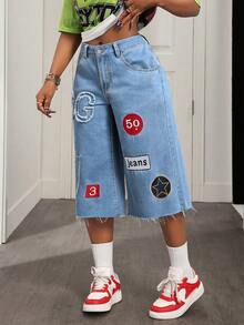 BamGleam Damen Jeans mit ausgefranstem Saum, bestickter Tasche und weiter Passform - Mittele Waschung - Übersicht 4