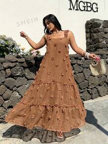 Sunnyshic Plus Size Square Neck Spaghetti Strap A-Line Dress, Vacation Style Holiday Chocolate Brown Summer Boho - Brown - View 3