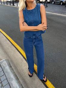 Forever 21 秋装 开衩牛仔裤 直筒牛仔裤 - 藍色 - 查看 5