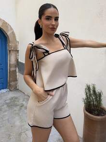 Marta Soriano 女式两件套服装，撞色边缘，荷叶边蝴蝶结吊带背心上衣和宽松短裤，宽松休闲，适合日常穿着，春夏季 - 彩色 - 查看 4