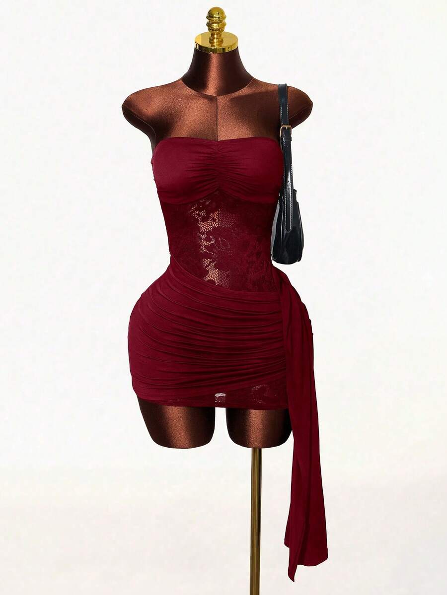 Mistrie Lace Patchwork Ruffle Waist Bodycon Mini Dress, Sexy Sleeveless Cold Shoulder Hollow Out Fitted Dress With Sash - Burgundy - View 1