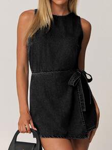 SHEIN Forever 21 Women's Solid Color Denim Dungarees And Jumpsuit, Minimalist & Fashionable, Suitable For Summer - Black - View 5