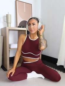 SAYEHFBABY Bộ đồ thể thao áo hai dây khoét lưng và quần legging viền tương phản - màu nâu - Xem 5