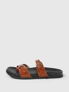 HighSole 女士春夏棕色休闲简约双字扣家居户外步行舒适平底凉鞋 - 棕色 - 查看 2