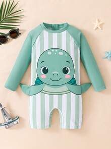 SHEIN Áo tắm liền thân dệt kim họa tiết rùa biển hoạt hình dễ thương dành cho bé trai, thích hợp cho bãi biển, kỳ nghỉ và bơi lội. - Màu xanh lam - Xem 6