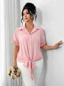 Elenzga Plus Size Women Pink Blouse, Ruffled Collar, Cuffs, Hem With Tie Waist, Fashionable Casual Romantic Commute Everyday Versatile, Spring/Summer - Dusty Pink - View 6
