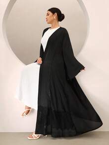 SHEIN Najma 优雅蕾丝拼接长袖喇叭袖口开襟女式长袍 - 黑色 - 查看 3