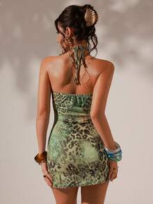 Optris 绿色豹纹V领露背吊带交叉收腰A字迷你连衣裙，性感迷人，适合夏季度假、海滩、派对、复古休闲等场合，百搭时尚。 - 橄欖綠 - 查看 8