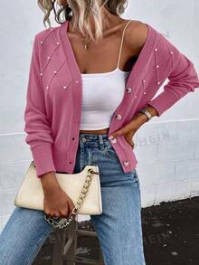 EMERY ROSE Women's Solid Color Pearl Decorated Cardigan - Pink - View 4