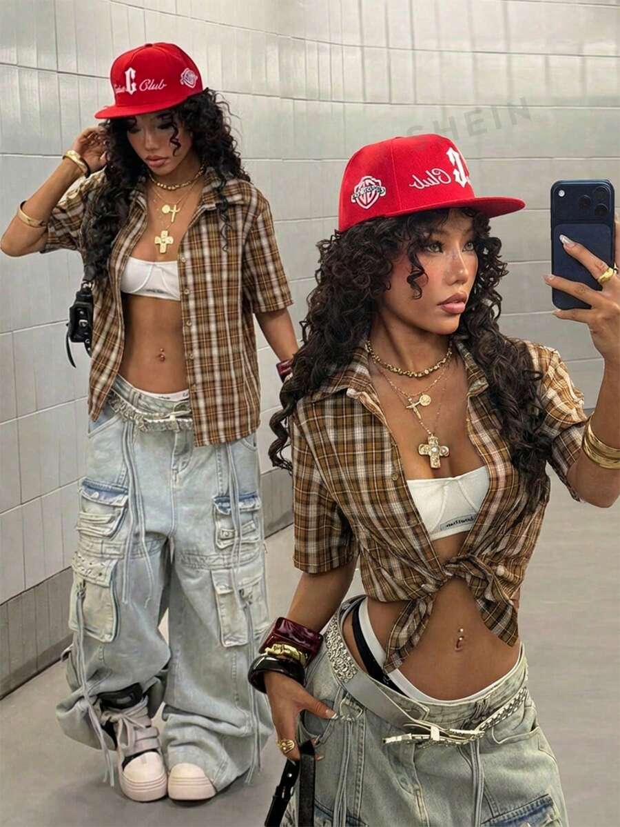 StreetHx Streetwear Women Plaid Short Sleeve Shirt - Camel - View 1