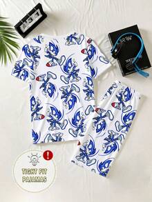 男童两件套睡衣套装 - 蓝色卡通刺猬战斗印花修身针织短裤和上衣 - 寶藍色 - 查看 2