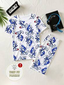 男童两件套睡衣套装 - 蓝色卡通刺猬战斗印花修身针织短裤和上衣 - 寶藍色 - 查看 3