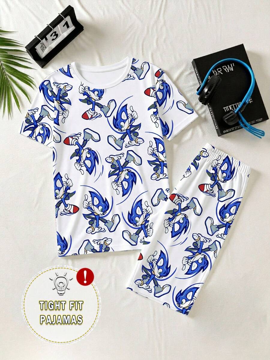 男童两件套睡衣套装 - 蓝色卡通刺猬战斗印花修身针织短裤和上衣 - 寶藍色 - 查看 1