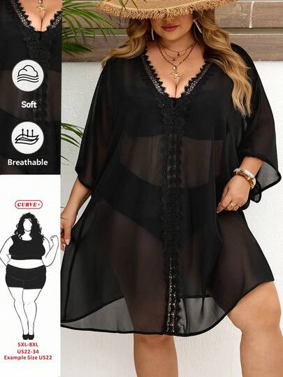 SHEIN CURVE+ Curve Size US22Music Festival, Seaside Vacation, Bohemia Women Vacation Solid Color Contrast Lace Batwing Sleeve Dress Summer Beach