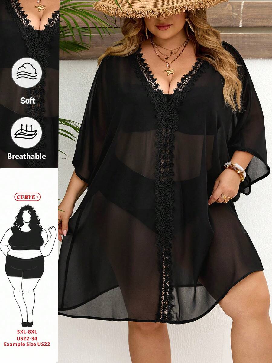 SHEIN CURVE+ Curve 尺码 US22 音乐节、海滨度假、波西米亚风女士度假纯色撞色蕾丝蝙蝠袖连衣裙