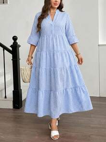 SHEIN LUNE Plus Size Notched Neck 3/4 Sleeve Ruffle Hem Plaid Summer Dress - Multicolor - View 3