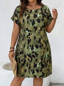 Comfylo Abstract Colorful Brushstroke Print Round Neck Bodycon Midi Dress, Plus Size - Multicolor - View 3