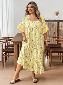 SHEIN CURVE+ 撞色荷叶边印花长款睡裙，完美夏季之选，Moo Moo - 彩色 - 查看 9