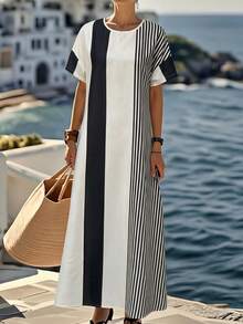 SHEIN PETITE Women's Apricot Printed Striped Round Neck Loose Fit Vacation Dress - Apricot - View 5