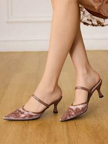CUCCOO HITCHD Women's Shoes Spring And Summer New Pointed Kitten Heel Flower Lace Embroidery Beaded Brown Mesh Comfortable Elegant Women's High Heels Shoes Slingbacks Bridal Shoes Wedding Dinner Party - dark brown - View 7