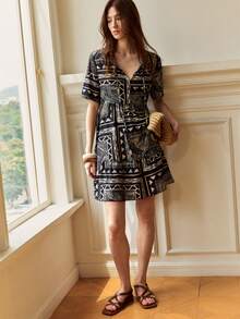 Écloséra 女士时尚休闲V领印花及膝衬衫裙，女士沙滩度假连衣裙 - 黑色 - 查看 5