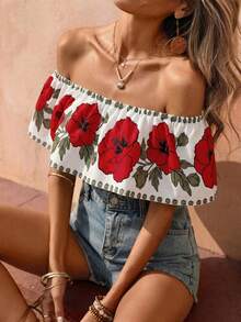 Selianne 女士春夏波西米亚风黑色墨西哥风情印花露肩大荷叶边领褶皱设计上衣，适合温泉度假、海滩旅行、休闲度假、户外音乐节、通勤、日常休闲居家穿着。 - 紅白色 - 查看 6