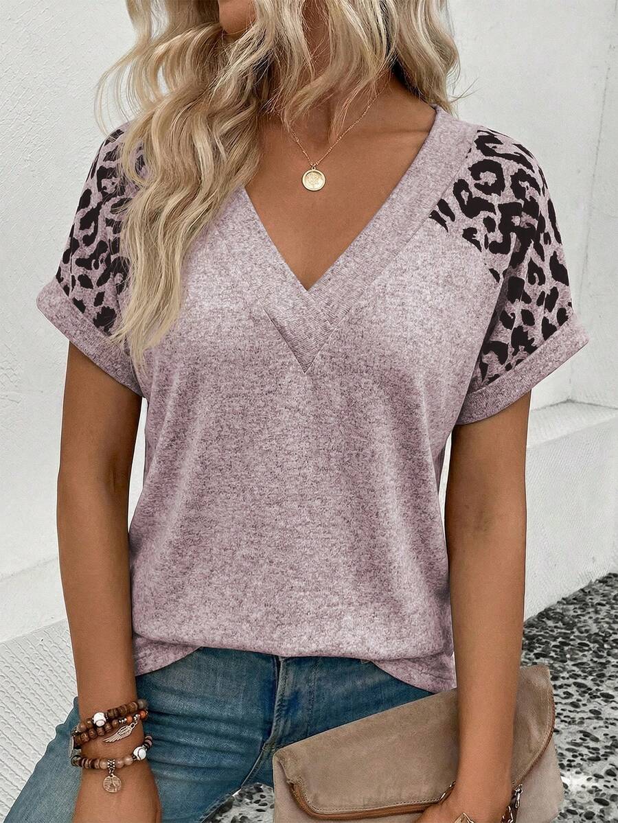 SHEIN Women's Casual Chic Daily Commute Vacation Leopard Print Patchwork V-Neck Loose T-Shirt, Summer - Baby Pink - View 1