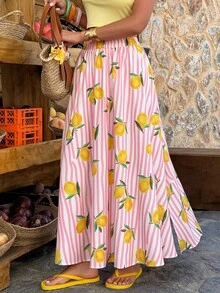 Selianne 1件装 女士休闲条纹彩色水果印花A字开衩宽松沙滩度假日常半身裙，春夏款 - 彩色 - 查看 5