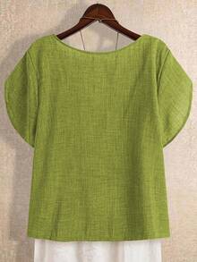 SHEIN LUNE CURVE 大码女式纯色不对称荷叶边短袖时尚衬衫，圣帕特里克节绿色衬衫，度假海滩装 - 青檸色 - 查看 2