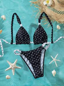 Swim Mod Bộ bikini nữ kiểu dáng dễ thương, nữ tính, gợi cảm, thích hợp cho lễ hội âm nhạc bãi biển mùa xuân/hè, họa tiết chấm bi, dây đeo dày, viền bèo nhún. - Nhiều màu - Xem 5