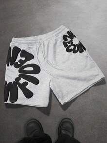 SLATEMANN Men's Letter Print Drawstring Waist Casual Shorts, Summer - Grey - View 2