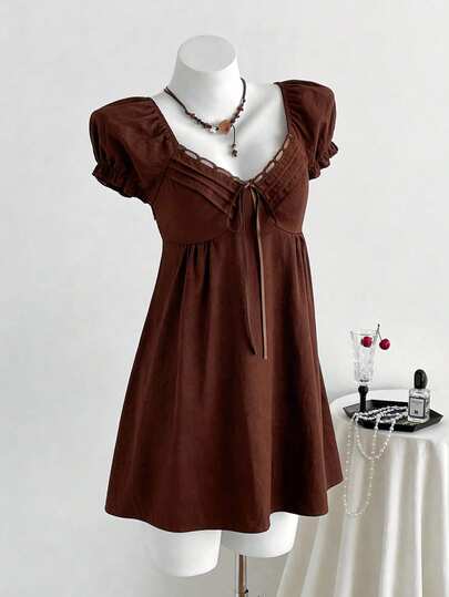 Sweetra Women's New Fashion Versatile Doll Style A-Line Dress Short Dress, Woven Patchwork Lace Trim Tie-Up Dress