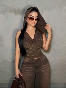 SHEIN SXY 女士修身荒原风棕色铆钉连帽背心 - 棕色 - 查看 4