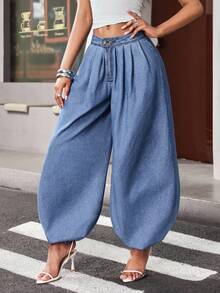 Jeanoix Quần jean denim ống rộng phong cách Y2K dành cho nữ. - Rửa trung bình - Xem 1