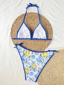 少女柠檬印花碎花吊带泳衣，亮粉色细肩带贝壳边沙滩装，夏季露背吊带套装，沙滩泳装，夏季沙滩，假日 - 藍色 - 查看 2