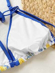 少女柠檬印花碎花吊带泳衣，亮粉色细肩带贝壳边沙滩装，夏季露背吊带套装，沙滩泳装，夏季沙滩，假日 - 藍色 - 查看 5