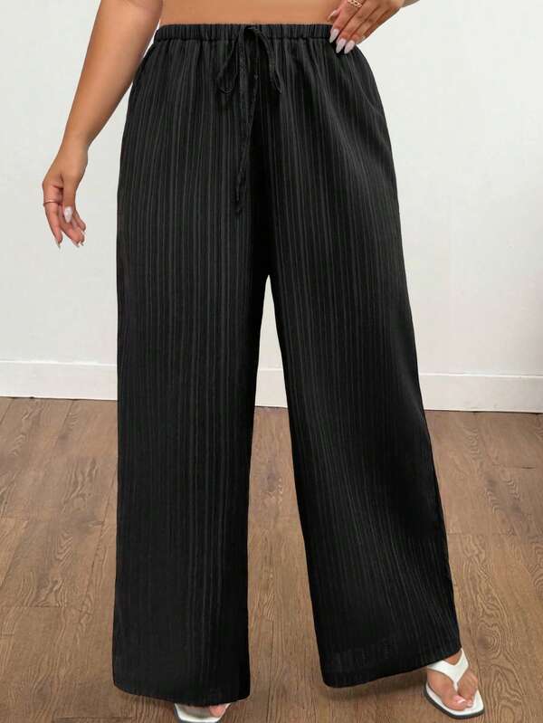 EMERY ROSE Plus Size Black Textured Drawstring Wide Leg Casual Pants, Summer
