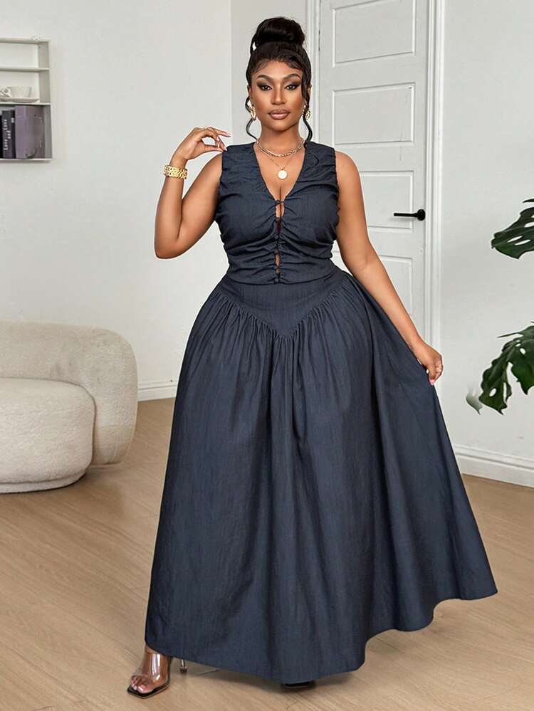 Dazy Plus Spring & Summer Blue Cropped Camisole Top With Hollow-Out Deep V-Neck, A-Line Skirt 2-Piece Set, Casual Office Commuter Outfit For Plus Size Women Lounge Sets For Women