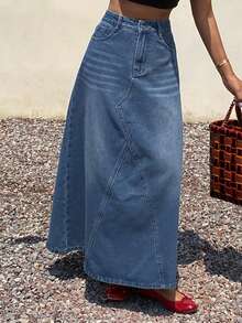 DAZY 女士高腰带口袋长款休闲牛仔裙 - 藍色 - 查看 6