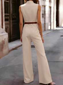 EMERY ROSE Women's Elegant Solid Color Stand Collar Sleeveless Jumpsuit - Khaki - View 2