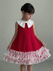 SHEIN 2026春夏新款女童撞色彼得潘领荷叶边无袖连衣裙 - 紅白色 - 查看 4