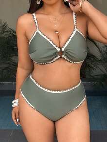 Swim Vcay 2026 New Plus Size Women 2-Piece Contrast Color Floral Elegant Fashion Swimwear Set - Olive Green - View 6
