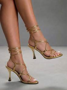 CUCCOO SZL Giày nữ cổ điển đơn giản, thời trang, gợi cảm, sandal cao gót mũi nhọn, thiết kế quai chéo, thích hợp cho tiệc tùng, du lịch, ngày Valentine, hẹn hò, trang phục gợi cảm. - Vàng - Xem 5